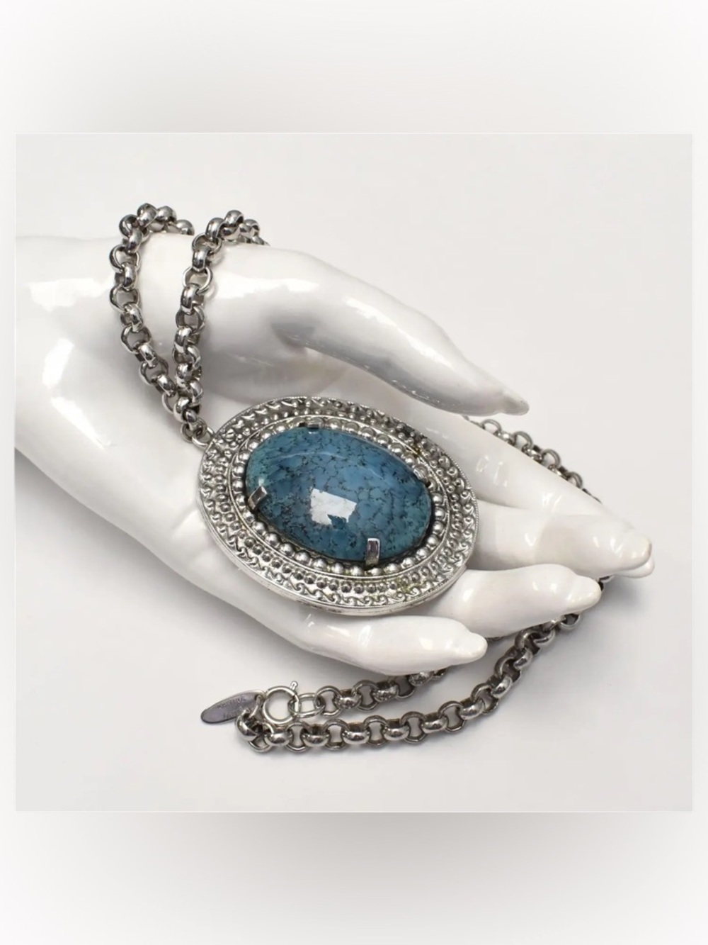 Whiting & Davis Huge Faux Blue Turquoise Glass Medallion Necklace